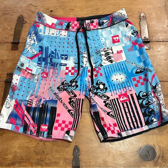 Quiksilver Blue and Pink Board Shorts Vibrant Patchwork Design Size 38 - Picture 1 of 7
